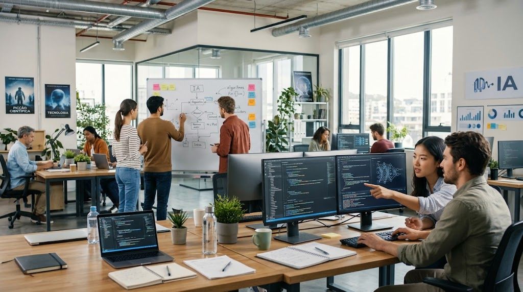 Time de tecnologia trabalhando junto: dois colegas analisando código e um grupo desenhando um fluxo de IA no quadro