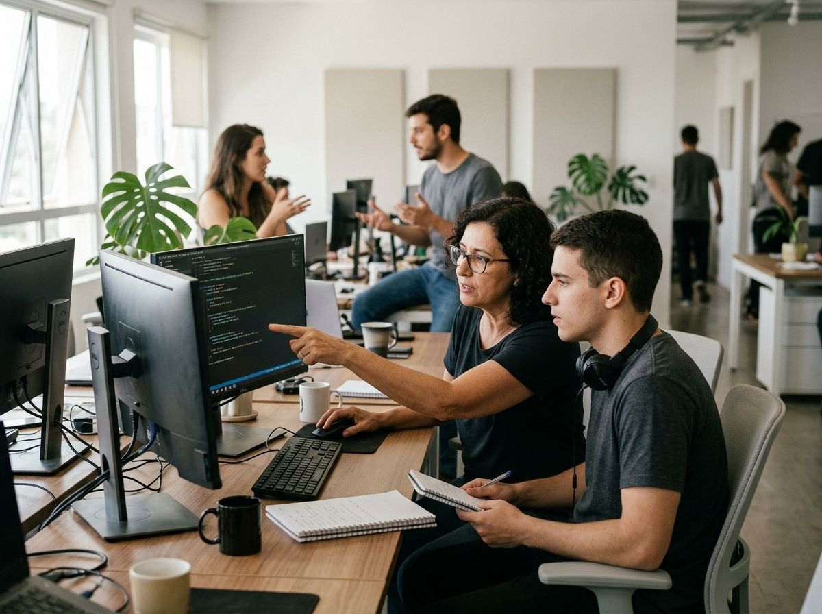 Equipe de desenvolvimento revisando código em frente aos monitores