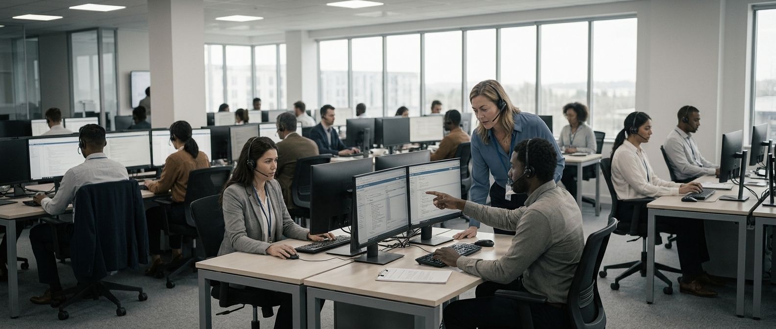Equipe de atendimento de TI trabalhando em estações num escritório amplo