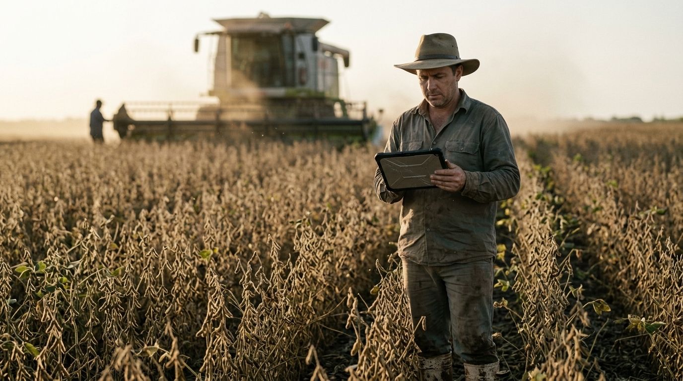 Produtor acompanhando a colheita com tablet em campo