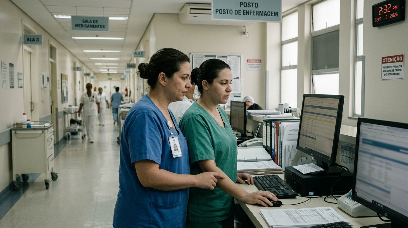 Equipe de enfermagem consultando informação no posto