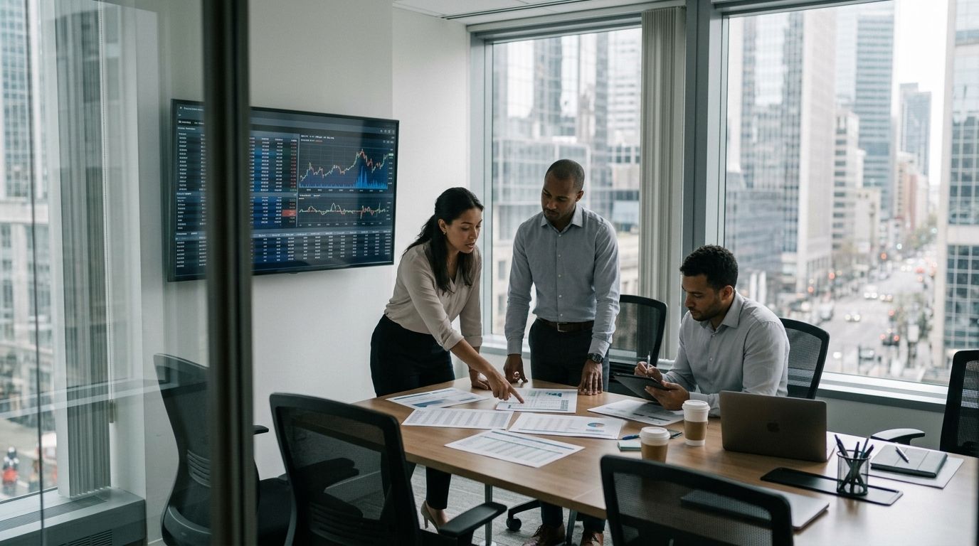 Analista e gestor conferindo relatório e painéis de dados