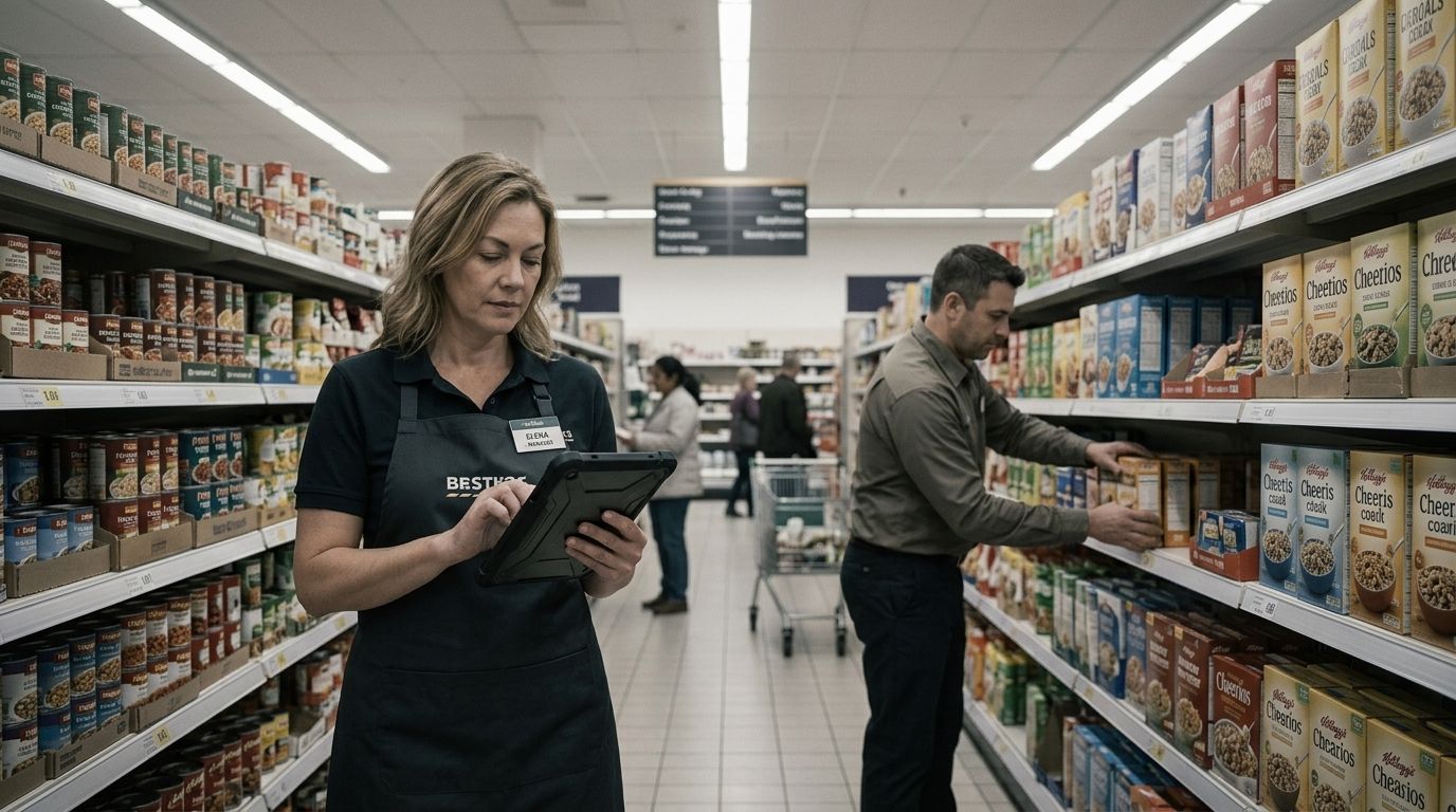 Colaboradora conferindo estoque na loja com tablet